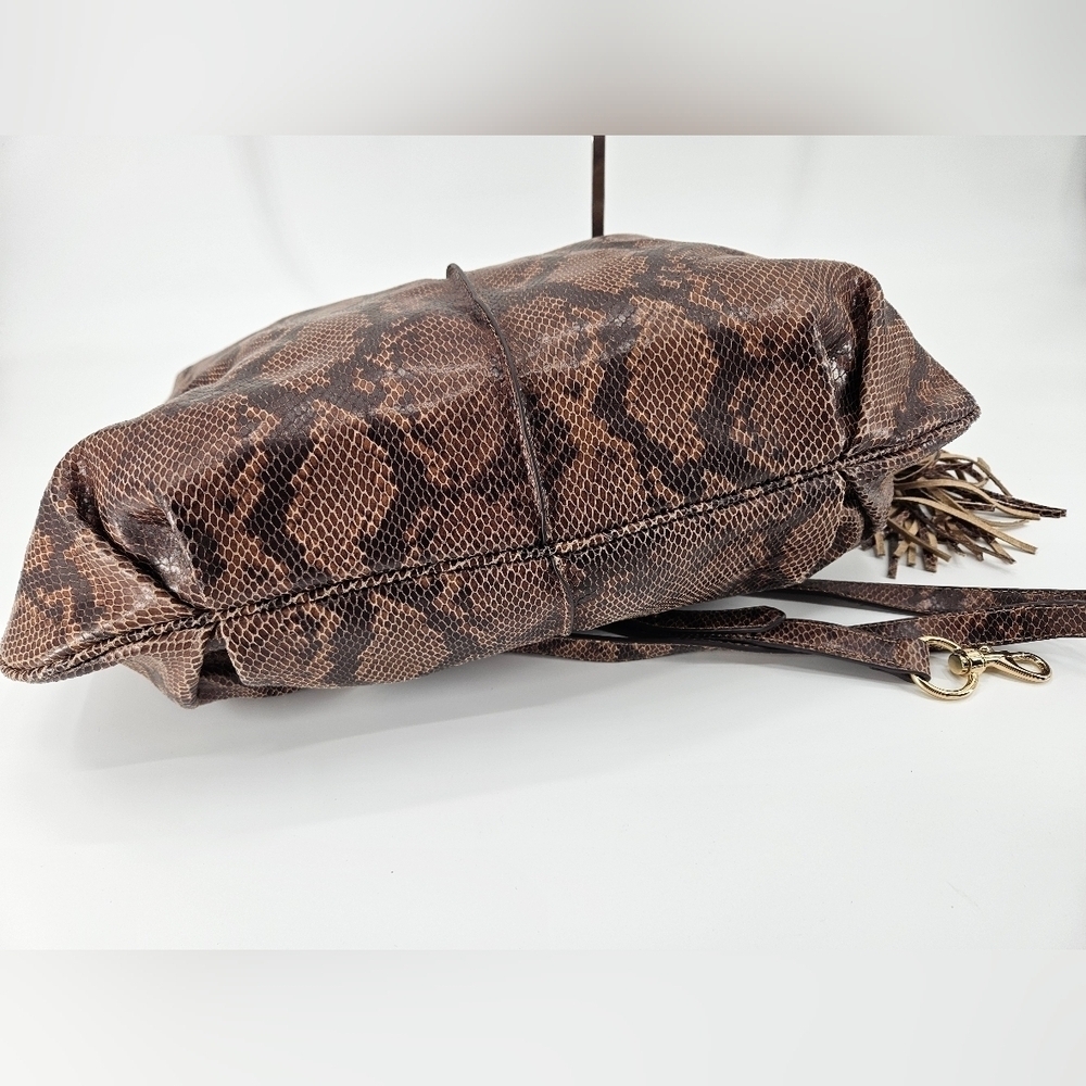 GILI Got To Love It Large LEATHER Emb SNAKE Choc Brown TASSEL Hobo Bag PURSE - Picture 6 of 14